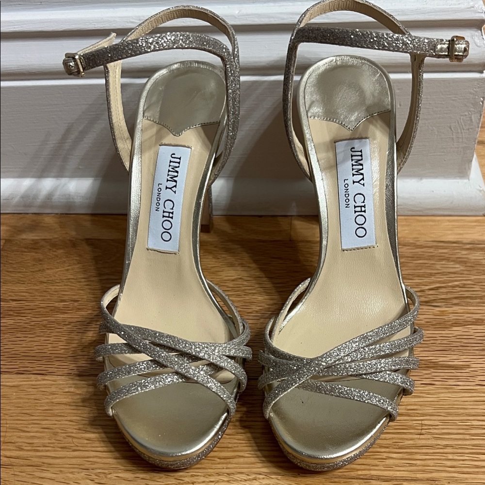 Jimmy Choo Glittering Gold Elegant Strappy Heels.